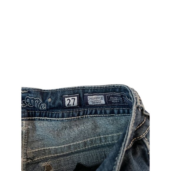 Miss Me Skinny Jeans Mid-Rise Dark Wash Distressed Denim Rhinestone Pocket Sz 27 - Picture 4 of 8